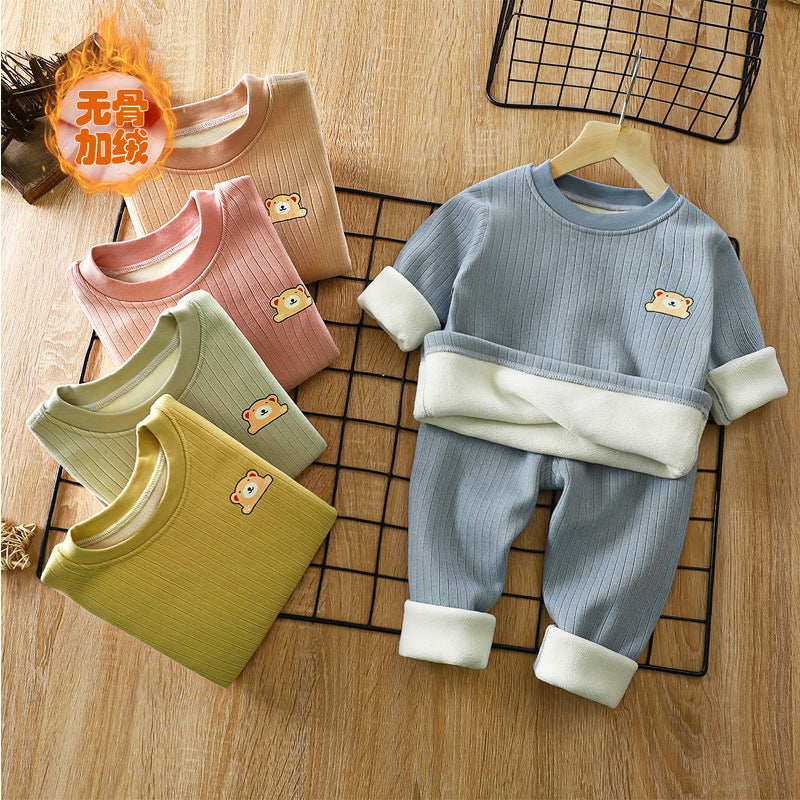 Children's warm suit plus velvet and thickened autumn and winter new baby base underwear, middle-aged children's autumn clothes and long pants children's suit