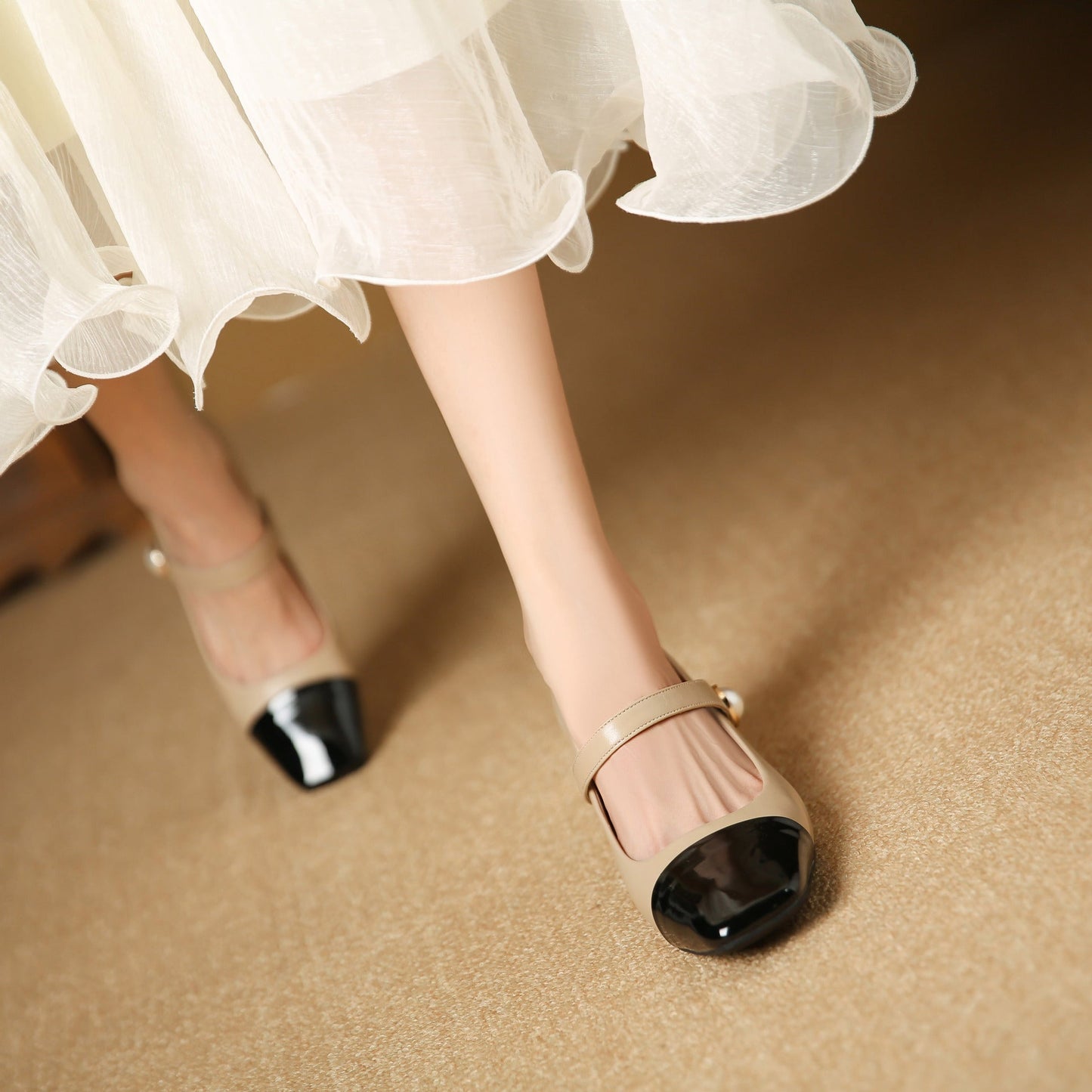 3337-21 French color-blocked Mary Jane shoes with thick heels, new square toe medium heels, one-strap women's shoes 