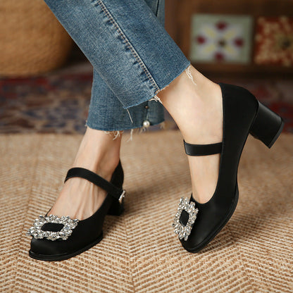 JH628-3 shallow mid-heel single shoes for women with rhinestone square buckle, one-word buckle thick heel shoes, French Mary Jane shoes 