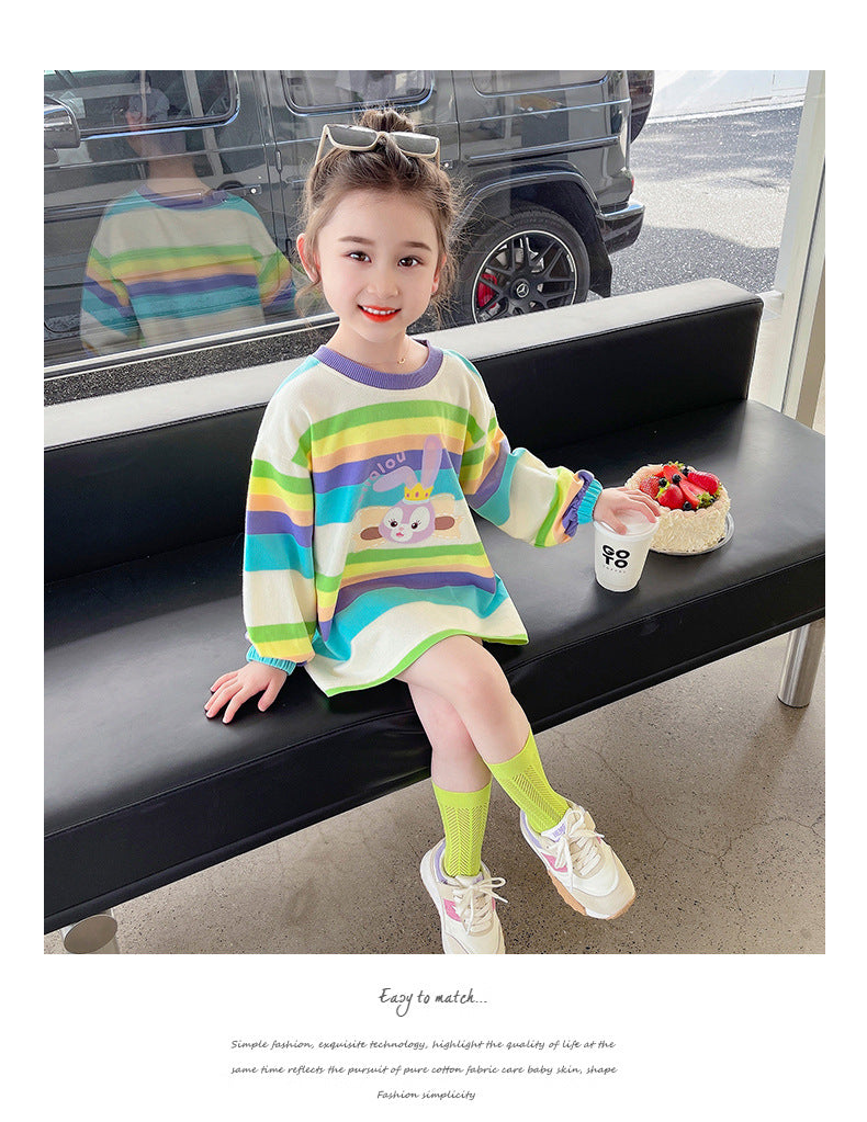 Star Dew Girls Striped Long Sleeve T-Shirt Dress Girls Cartoon Rabbit Dress Baby Skirt Spring and Autumn Fashionable Fashion 