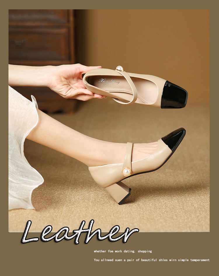 3337-21 French color-blocked Mary Jane shoes with thick heels, new square toe medium heels, one-strap women's shoes 