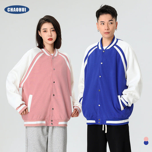 Autumn and winter pure cotton high street contrasting color baseball uniform men's jacket trendy street American cardigan retro couple style jacket 