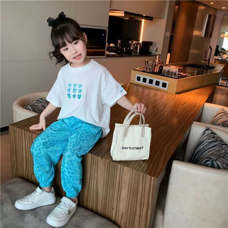 Cotton girls suit 2023 new internet celebrity girl short-sleeved T-shirt anti-mosquito pants two-piece children's sports suit 