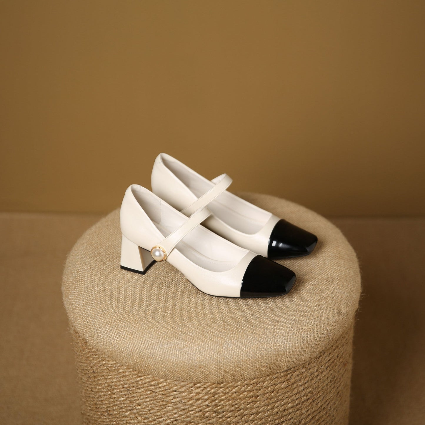 3337-21 French color-blocked Mary Jane shoes with thick heels, new square toe medium heels, one-strap women's shoes 