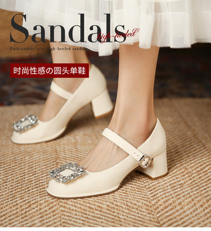 JH628-3 shallow mid-heel single shoes for women with rhinestone square buckle, one-word buckle thick heel shoes, French Mary Jane shoes 