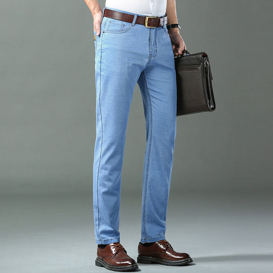 Modal soft middle-aged jeans thin stretch jeans men's business men's quality men's trousers straight leg 