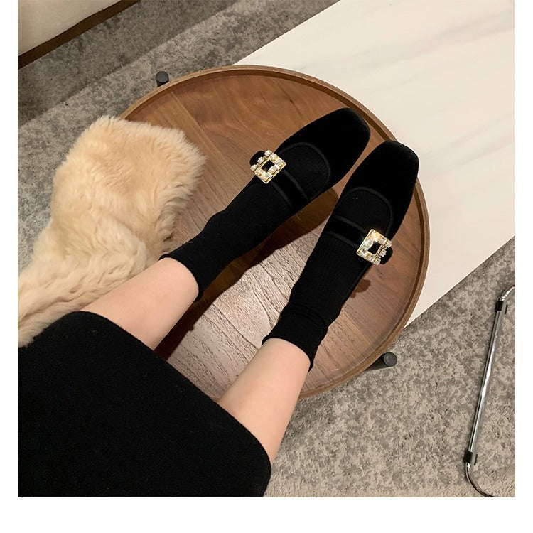 Grape Mama's new autumn style square toe rhinestone square buckle flat bottom Mary Jane shoes for women 