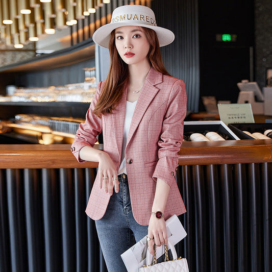 Pink Plaid Small Suit Jacket Women's 2022 Autumn and Winter New Style Slim Suit Fashion Temperament Professional Top 