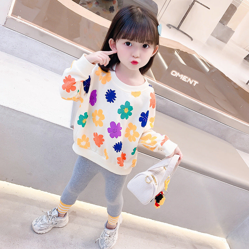 Children's 2023 Spring and Autumn New Girls' Sweaters, Casual, Versatile, Western-style Flowers, Small and Medium-sized Children's Tops, Baby Bottoming Shirts 