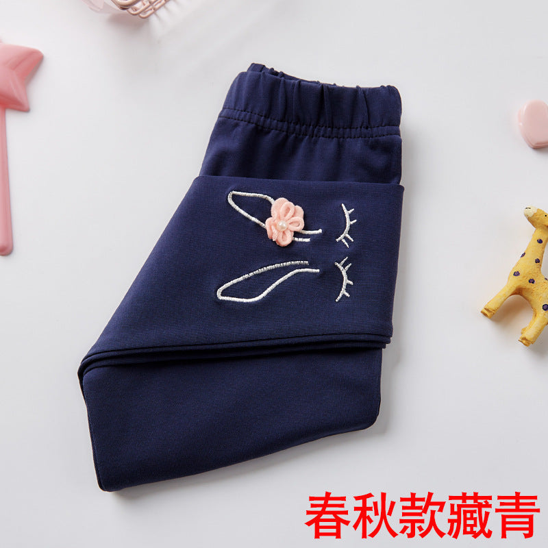 2021 Autumn New Children's Leggings Girls Medium Long Cartoon Cute Thin Nine-Point Pants Cotton Baby Pants 