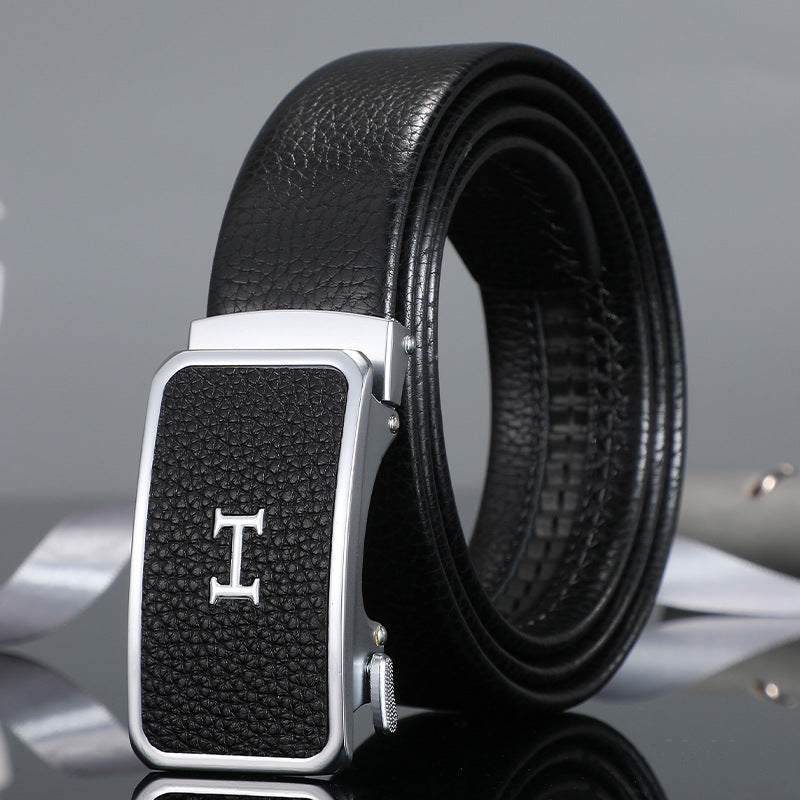 Men's belt automatic buckle laminated leather alloy buckle head litchi pattern business casual belt men wholesale one piece drop shipping