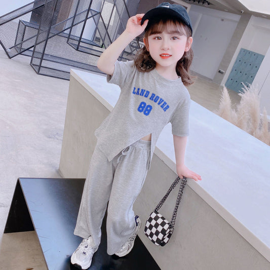 Girls Summer Clothes Korean Children's Clothes 2023 New Style Baby Girls Fashionable Short-sleeved Tops Casual Flared Pants Fashionable suits 