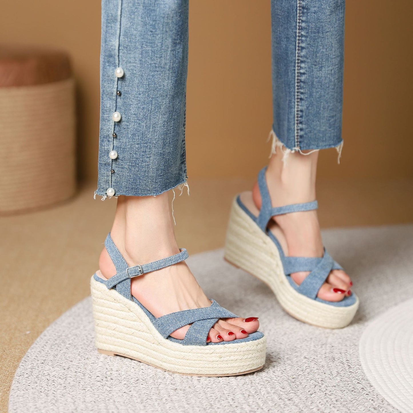 992-1 Platform thick-soled wedge sandals new summer casual outer wear open toe high heels hemp fisherman shoes for women 