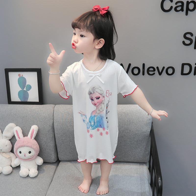 Girls ice silk pajamas summer thin princess short-sleeved little girl cute home clothes baby girl breathable air-conditioned clothes 