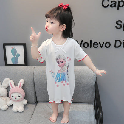 Girls ice silk pajamas summer thin princess short-sleeved little girl cute home clothes baby girl breathable air-conditioned clothes 