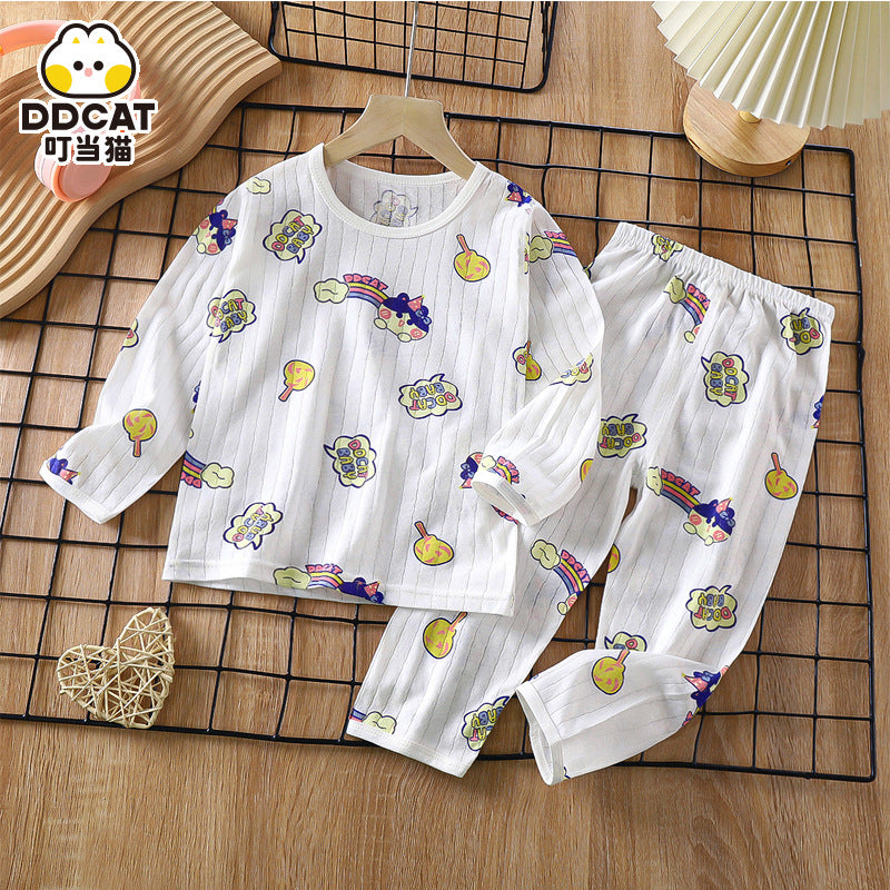 2023 New Children's Cotton Home Clothing Set Summer Long Sleeve Pajamas Thin Air Conditioning Clothing for Boys and Girls 