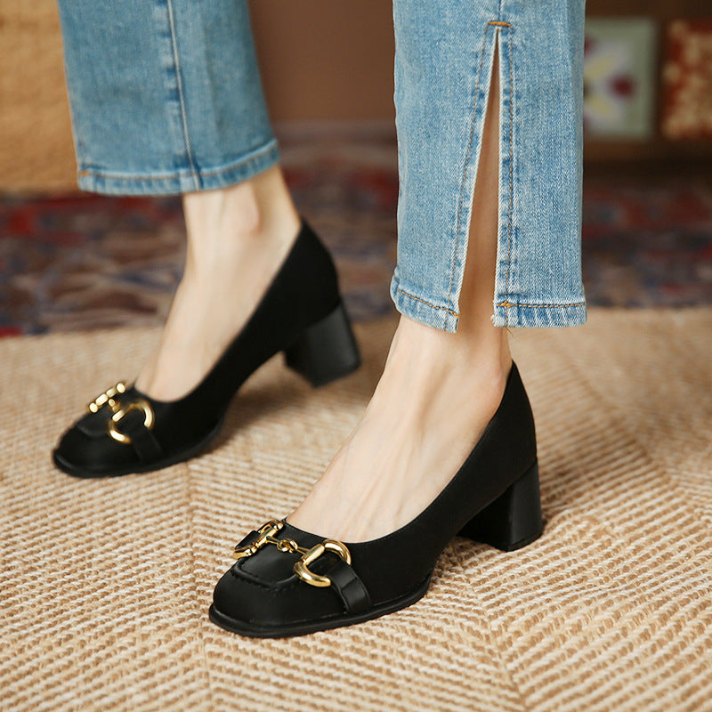 JH628-1 Saddle mouth one-leg square thick heel women's shoes French square toe shallow mouth single shoes fashion medium heel work shoes 