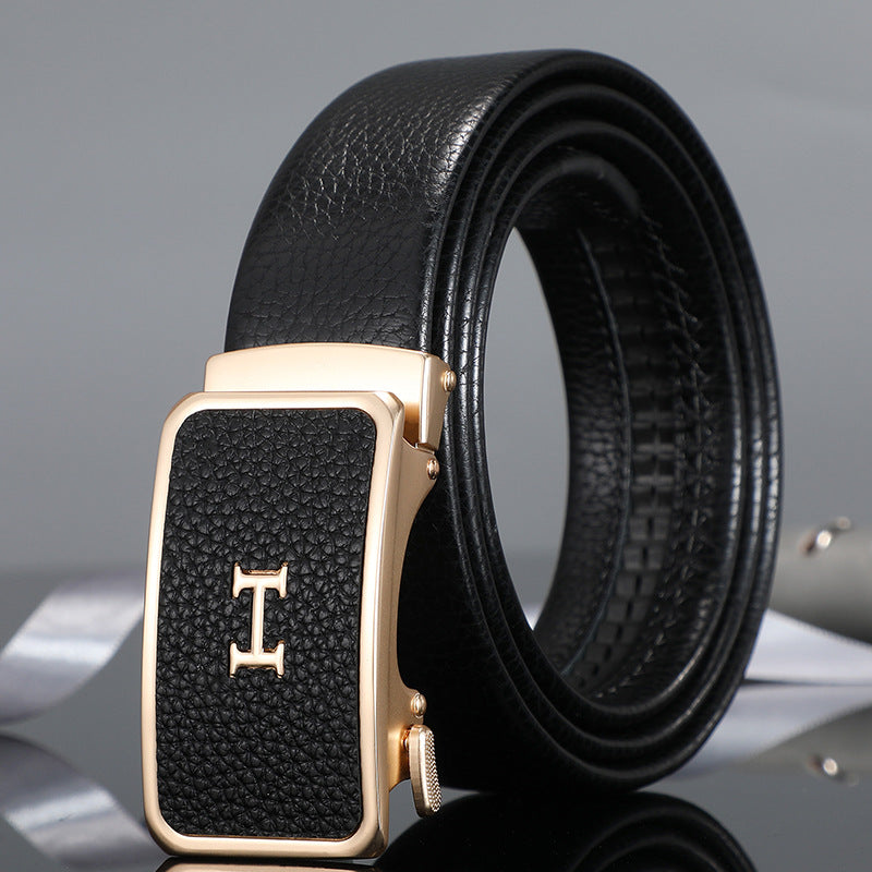 Men's belt automatic buckle laminated leather alloy buckle head litchi pattern business casual belt men wholesale one piece drop shipping