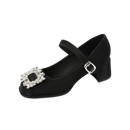 JH628-3 shallow mid-heel single shoes for women with rhinestone square buckle, one-word buckle thick heel shoes, French Mary Jane shoes 