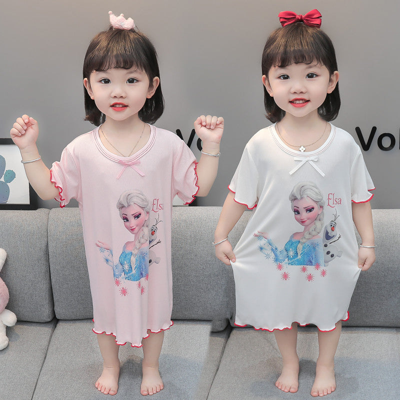 Girls ice silk pajamas summer thin princess short-sleeved little girl cute home clothes baby girl breathable air-conditioned clothes 