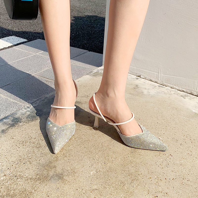 699-10 Summer temperament and fashion two-wear sandals and slippers with hollow back pointed toe slip-ons high heels rhinestone pointed toe single shoes for women 