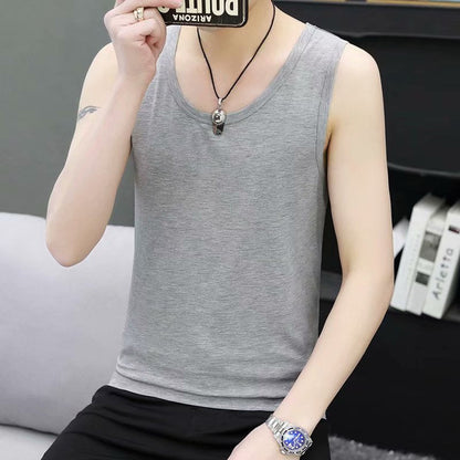 New men's summer elastic black vest wide shoulder sleeveless round neck slim large size sweat vest bottoming shirt foreign trade 