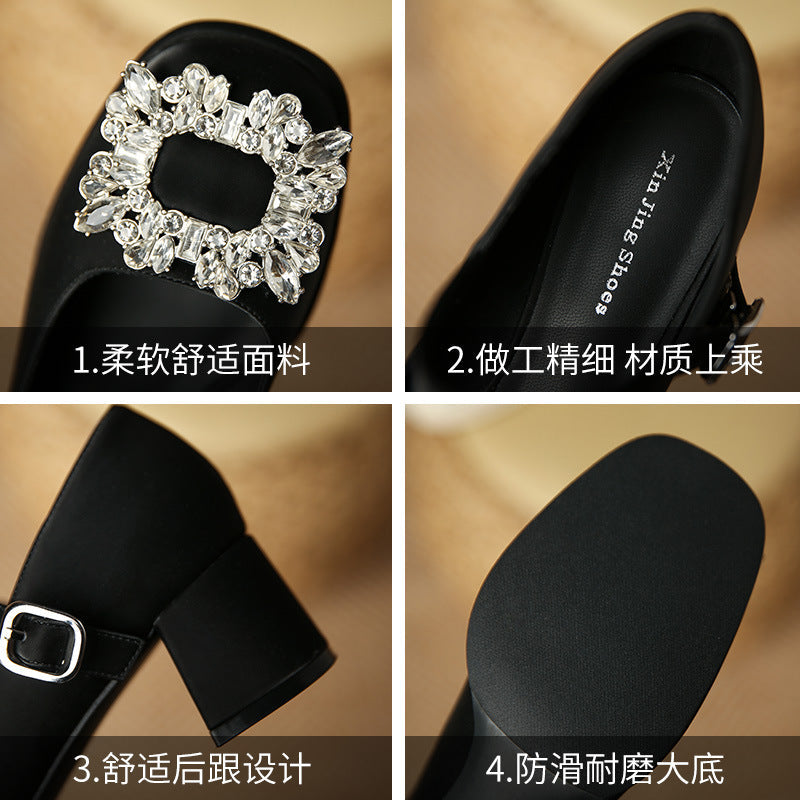 JH628-3 shallow mid-heel single shoes for women with rhinestone square buckle, one-word buckle thick heel shoes, French Mary Jane shoes 