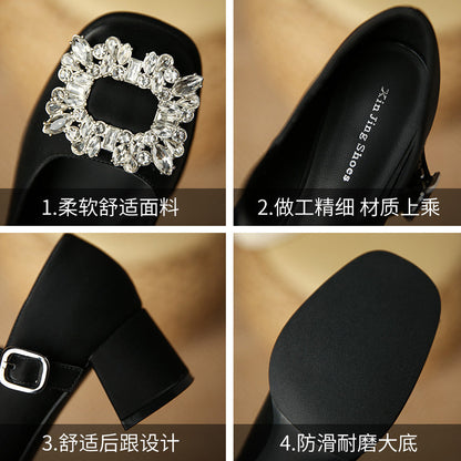 JH628-3 shallow mid-heel single shoes for women with rhinestone square buckle, one-word buckle thick heel shoes, French Mary Jane shoes 