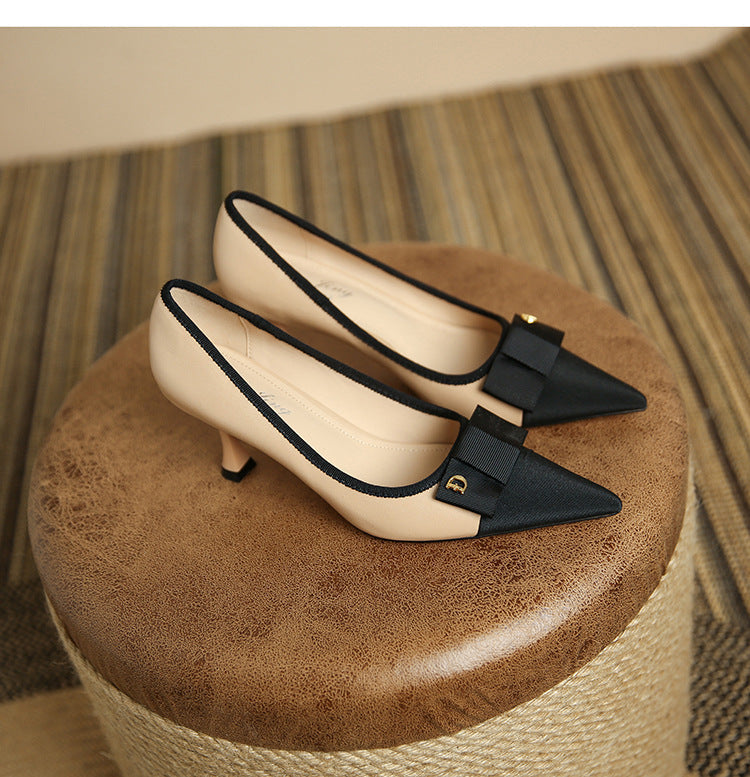 3351-3 Xiaoxiangfeng pointed toe color matching stiletto shoes bow high heels women's shoes banquet fashion women's shoes 