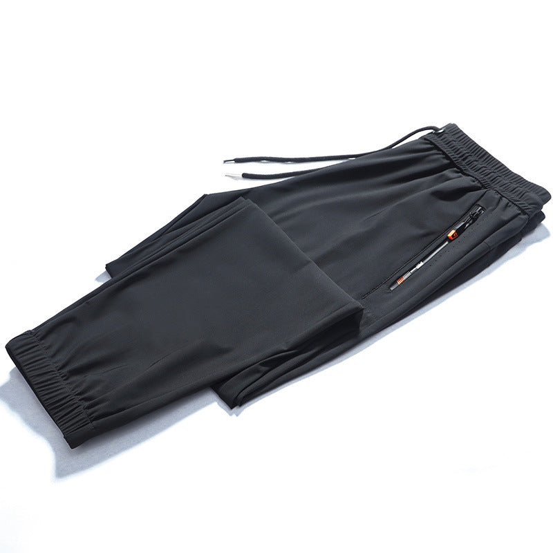 Ice Oxygen Bar High-end Casual Pants Men's Summer Thin Leg-tie Stretch Trendy Brand 2023 Ice Silk Men's Long Pants 