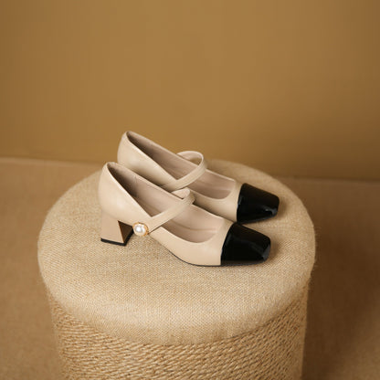 3337-21 French color-blocked Mary Jane shoes with thick heels, new square toe medium heels, one-strap women's shoes 