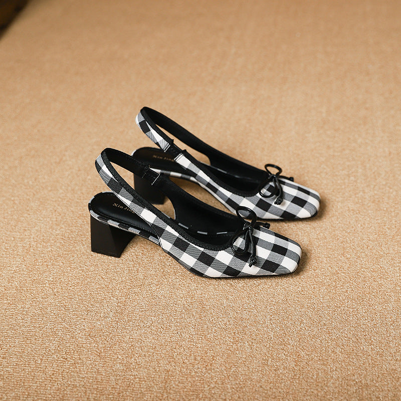 3337-33 Xiaoxiangfeng thick heel square toe medium heel sandals summer new plaid high-quality back hollow toe women's shoes 