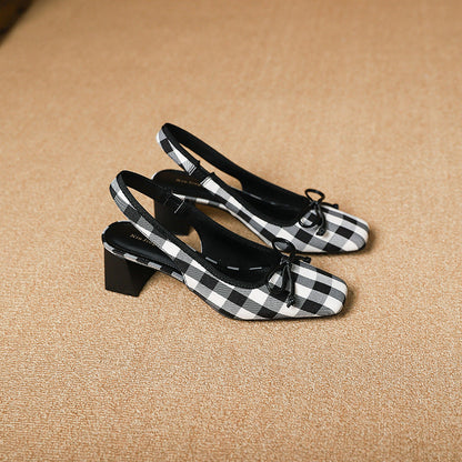 3337-33 Xiaoxiangfeng thick heel square toe medium heel sandals summer new plaid high-quality back hollow toe women's shoes 