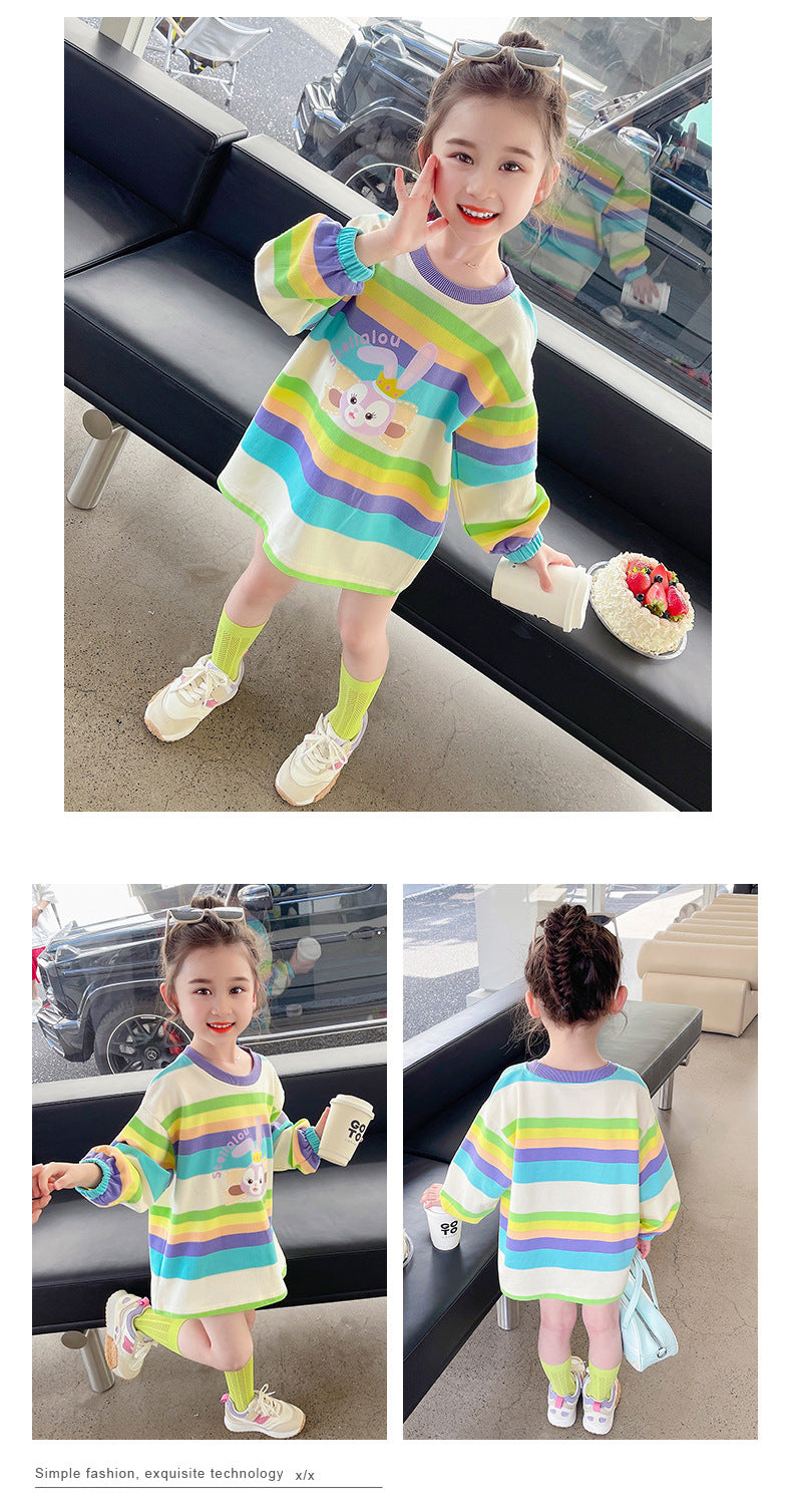 Star Dew Girls Striped Long Sleeve T-Shirt Dress Girls Cartoon Rabbit Dress Baby Skirt Spring and Autumn Fashionable Fashion 