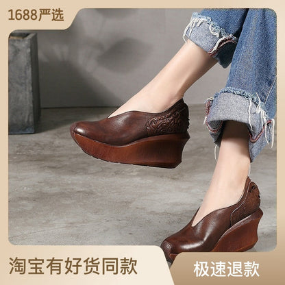 2022 New Spring and Autumn Thick Sole Thick Heel Genuine Leather Shoes Comfortable and Breathable Handmade Retro Women's Shoes Factory Direct Sales 