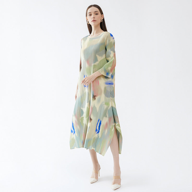 2023 Spring French Round Neck Pleated Slit Dress Dress for Women Slim Fit Ink Style Printed Comfortable Long Skirt for Women 