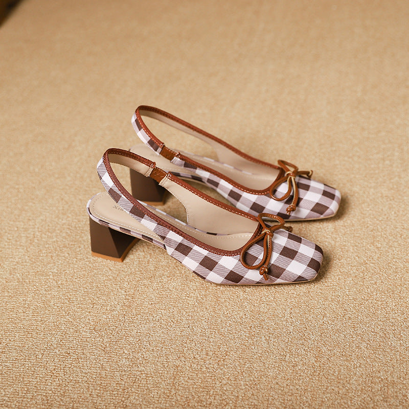 3337-33 Xiaoxiangfeng thick heel square toe medium heel sandals summer new plaid high-quality back hollow toe women's shoes 