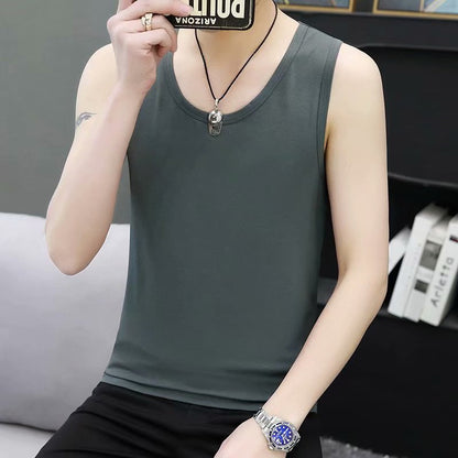 New men's summer elastic black vest wide shoulder sleeveless round neck slim large size sweat vest bottoming shirt foreign trade 