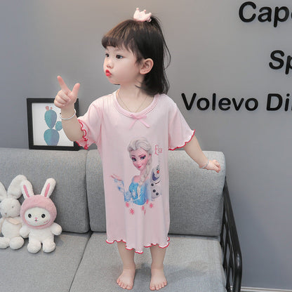 Girls ice silk pajamas summer thin princess short-sleeved little girl cute home clothes baby girl breathable air-conditioned clothes 