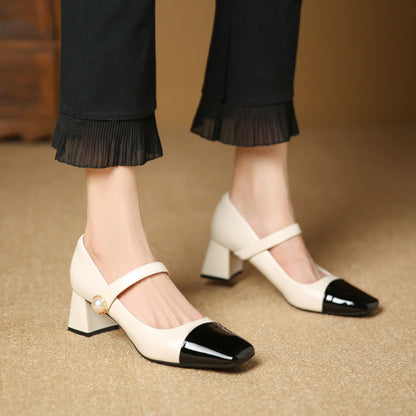 3337-21 French color-blocked Mary Jane shoes with thick heels, new square toe medium heels, one-strap women's shoes 