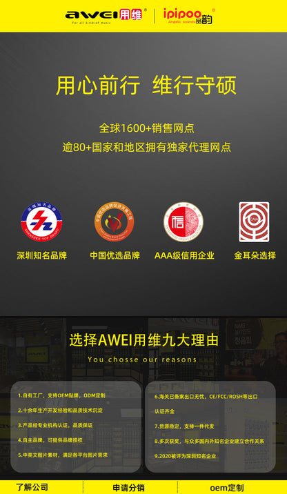 AWEI用维新款跨境便携户外蓝牙音箱 IPX6防水大音量TWS互联音响