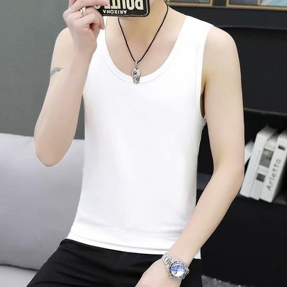 New men's summer elastic black vest wide shoulder sleeveless round neck slim large size sweat vest bottoming shirt foreign trade 