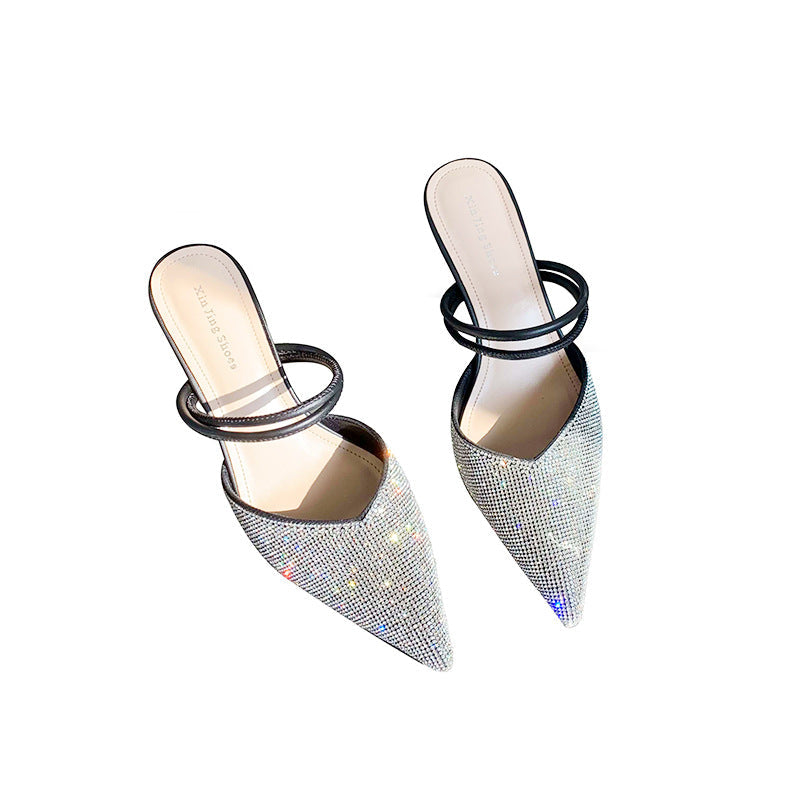 699-10 Summer temperament and fashion two-wear sandals and slippers with hollow back pointed toe slip-ons high heels rhinestone pointed toe single shoes for women 