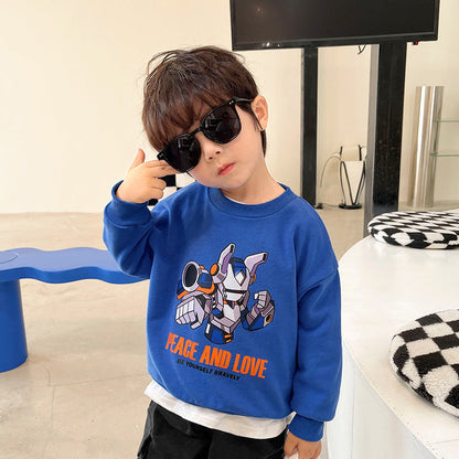 100% pure cotton spring and autumn new children's clothing boys' sweatshirts fashionable and versatile round neck tops cute cartoon trend 