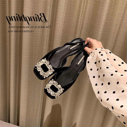 [shei Su Yinyin] Bank of the Rhine ~ Rhinestone Xin Yuda bag square toe hollow back flat sandals commuting shoes 