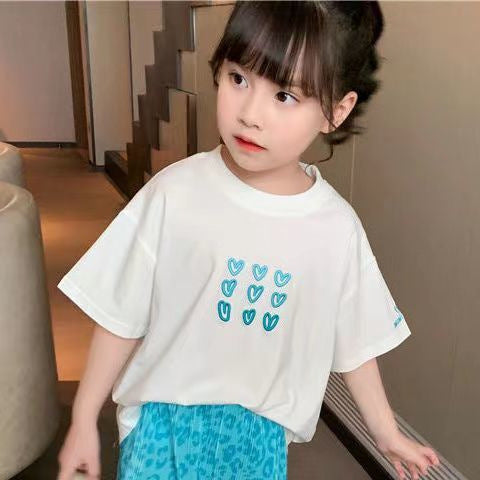 Cotton girls suit 2023 new internet celebrity girl short-sleeved T-shirt anti-mosquito pants two-piece children's sports suit 