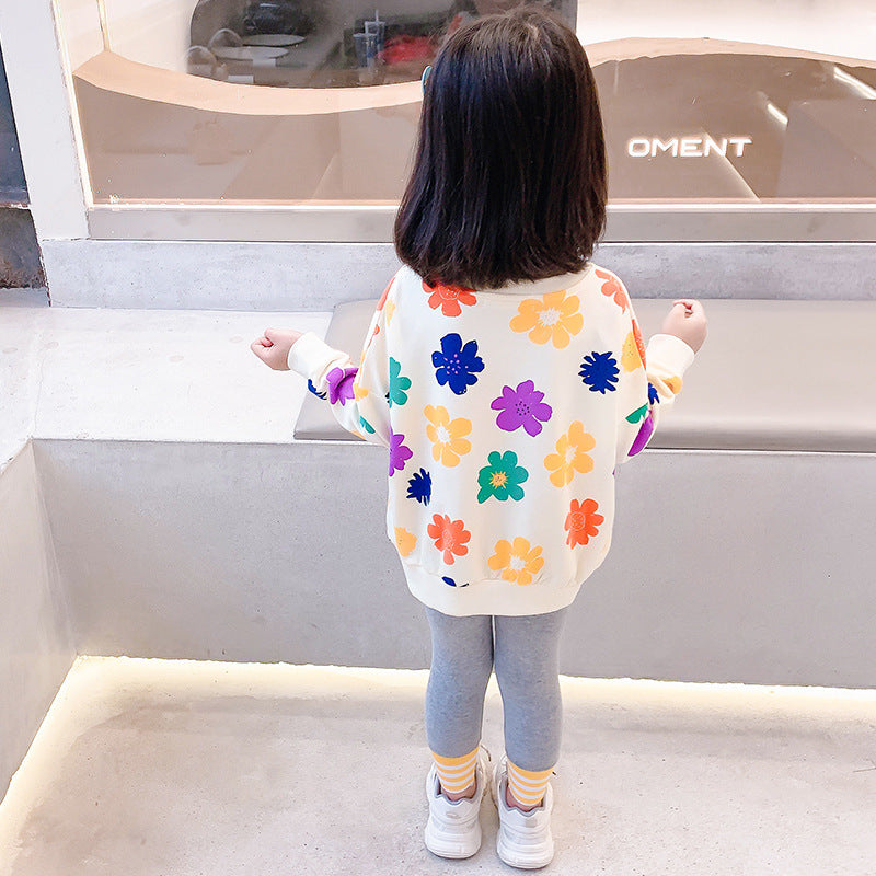 Children's 2023 Spring and Autumn New Girls' Sweaters, Casual, Versatile, Western-style Flowers, Small and Medium-sized Children's Tops, Baby Bottoming Shirts 