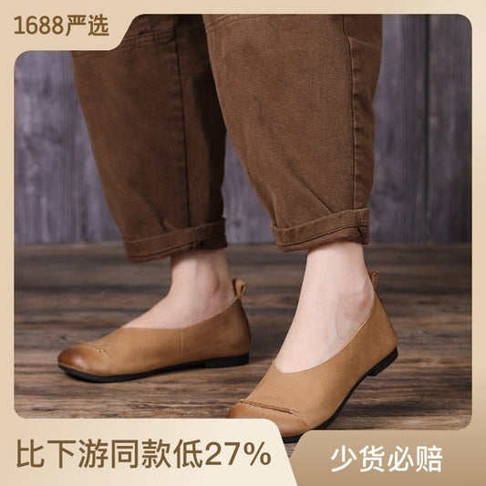 Simple retro literary genuine leather granny shoes 2023 summer casual versatile mom shoes comfortable soft sole four-season single shoes 