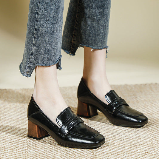 British women's shoes 2022 spring new style retro square toe thick heel casual shoes simple soft leather four seasons mid-heeled loafers 