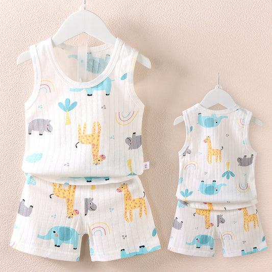 2023 Korean style small and medium children's clothing spring new style boys and girls baby cartoon thin sleeveless vest shorts suit trendy 